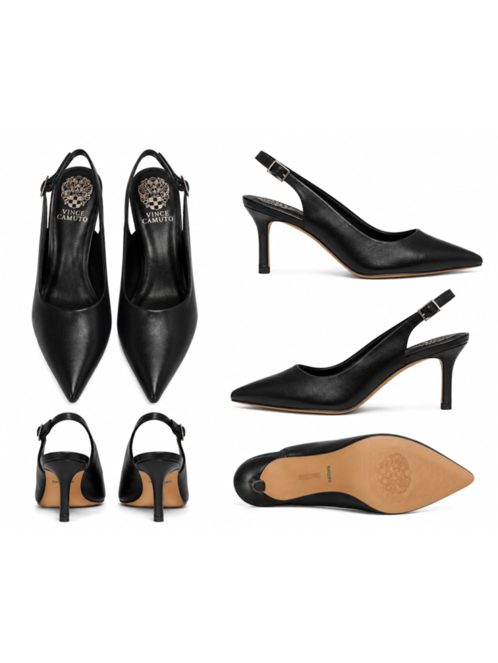 Vince Camuto Black Leather Slingback Pointed Toe Stiletto Heels Size 6